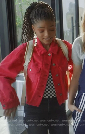 Skylar's red corduroy jacket on Grown-ish