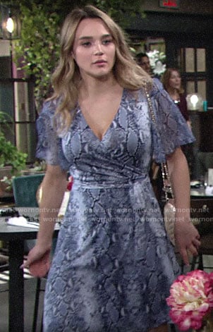 Summer's blue snake print wrap dress on The Young and the Restless