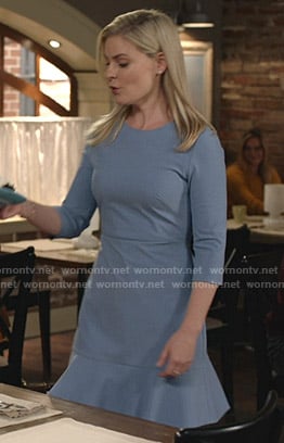 Stephanie's blue three quarter sleeve dress on Good Witch