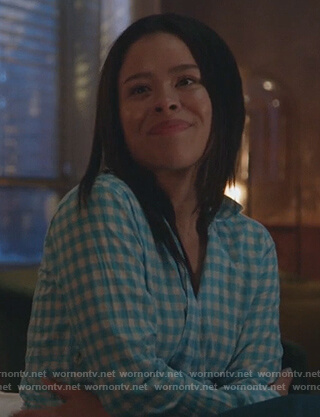 Mariana's blue gingham check shirt on Good Trouble