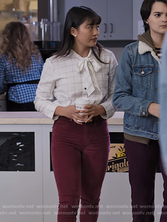 Rachelle's white check tie neck blouse on Trinkets