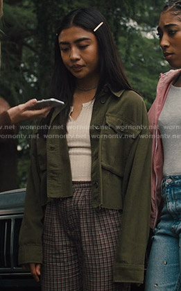 Alex's green cropped utility jacket on Light as a Feather