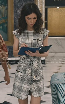 Alicia's white plaid tie waist dress on Grand Hotel