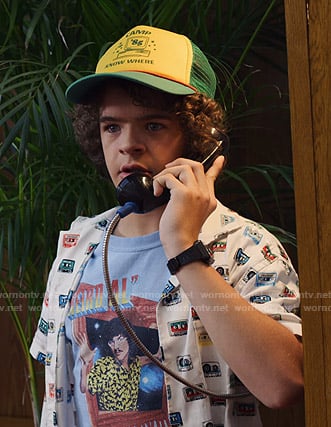 Dustin's Weird Al tee and cassette print shirt on Stranger Things