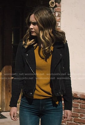 McKenna's black corduroy moto jacket on Light as a Feather