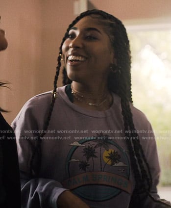 Peri's purple Palm Springs cropped sweatshirt on Light as a Feather