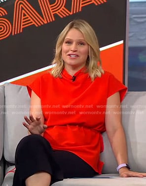 Sara's red tie waist top on GMA Strahan And Sara
