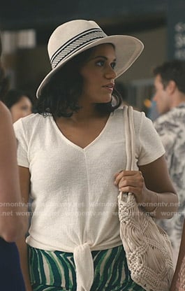 Yoli's white tie front top and knit hat on Grand Hotel