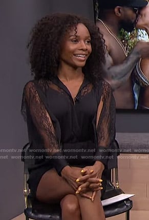 Zuri's black lace-sleeve romper on E! News