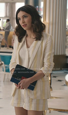 Alicia's white and yellow striped blazer and shorts on Grand Hotel