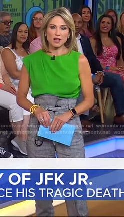 Amy's green top and grey belted pants on Good Morning America