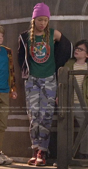 Ava's purple camo cargo pants on Bunkd
