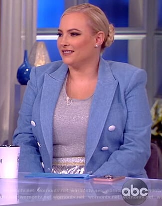 Meghan's blue double breasted blazer and metallic skirt on The View