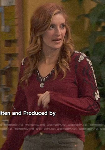 Chelsea's red embroidered sleeve top on Ravens Home