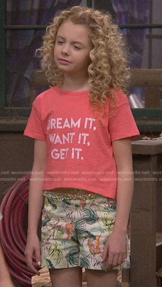 Destiny's DREAM IT WANT IT GET IT t-shirt and tropical print shorts on Bunkd