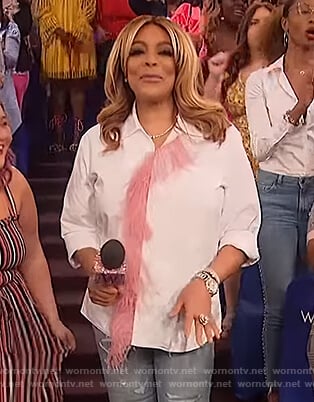 Wendy's white feather trim blouse on The Wendy Williams Show