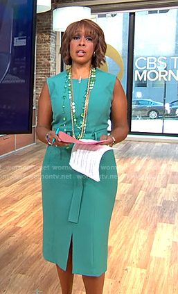 Gayle's green belted slit dress on CBS This Morning