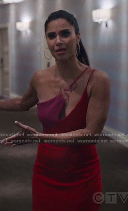 Gigi's red colorblock one-shoulder dress on Grand Hotel