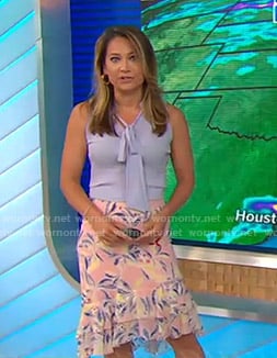 Ginger's purple tie neck top and printed skirt on Good Morning America