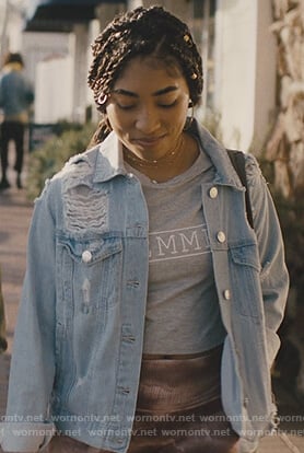 Peri's gray tee and distressed jacket on Light as a Feather
