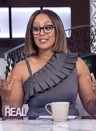 Tamera's gray ruffle sheath dress on The Real