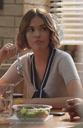 Callie's gray tie neck sweater top on Good Trouble