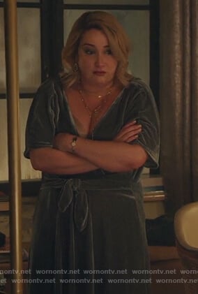 Davia's green velvet front tie dress on Good Trouble