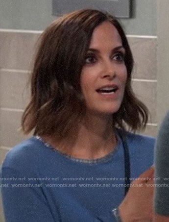Hayden's blue metallic trim long sleeve tee on General Hospital