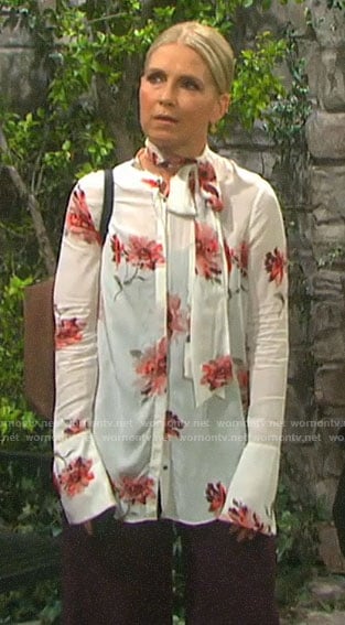 Jennifer's red and white floral tie-neck blouse on Days of our Lives