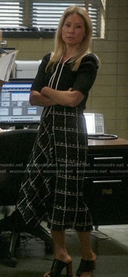 Joan's checked draped front midi skirt on Elementary