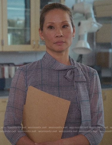 Joan's plaid tie-neck dress on Elementary