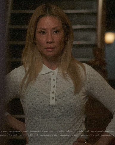 Joan's white pointelle polo sweater on Elementary