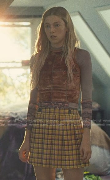Jules's orange velour top and yellow plaid skirt on Euphoria
