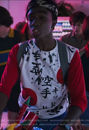 Lucas's white karate kid tee on Stranger Things