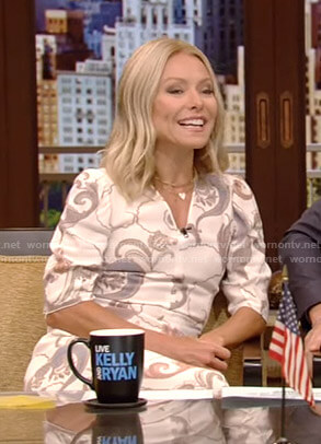 Kelly's white printed v-neck dress on Live with Kelly and Ryan