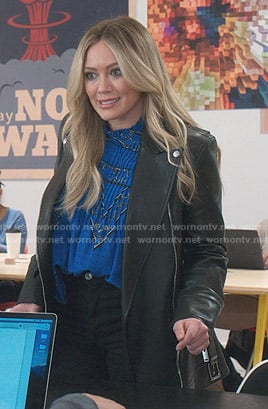 Kelsey's black moto jacket on Younger