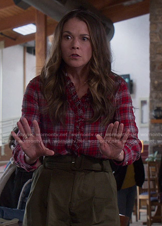 Liza's red plaid ruffled shirt on Younger
