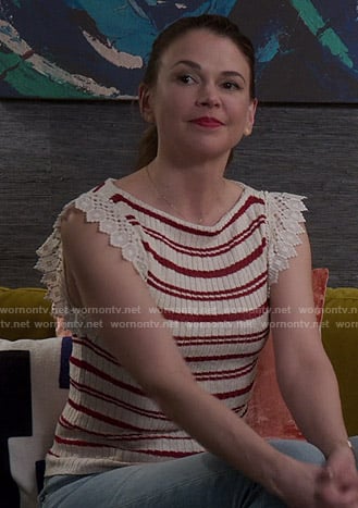 Liza's white striped crochet-trim top on Younger