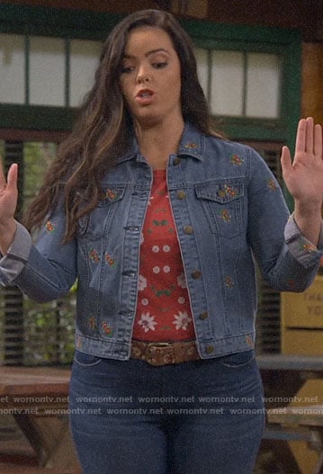 Lou's red floral tee and embroidered denim jacket on Bunkd