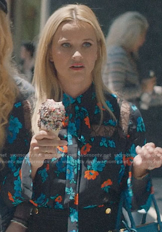 Madeline's floral tie-neck blouse on Big Little Lies