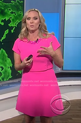 Megan's pink embellished neck dress on CBS This Morning