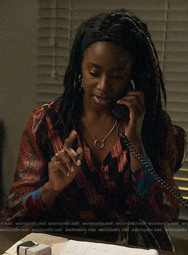 Nicole's metallic mixed print wrap top on Veronica Mars