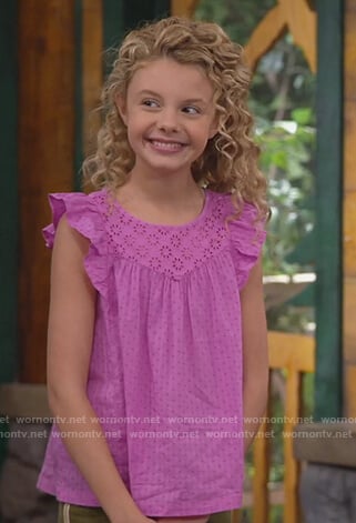 Destiny's purple eyelet top and stripe pants on Bunkd