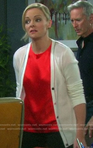 Belle's white contrasting trim cardigan on Days of our Lives