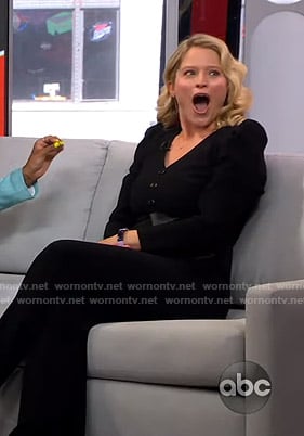 Sara's black v-neck belted jumpsuit on GMA Strahan And Sara