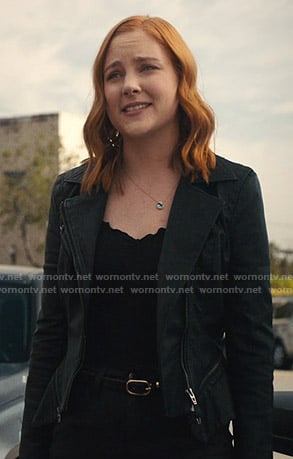 Violet's black moto jacket on Light as a Feather