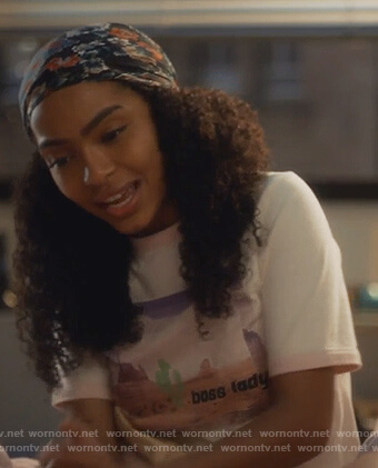 Zoey's white boss lady tee on Grown-ish