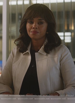 Jasmine's white leather jacket on Instinct