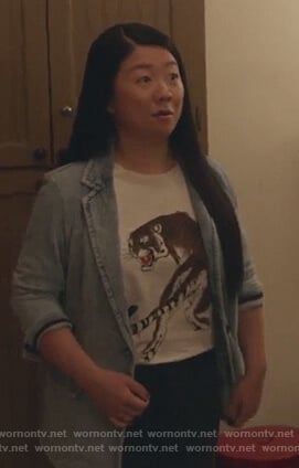 Alice's white tiger print tee on Good Trouble
