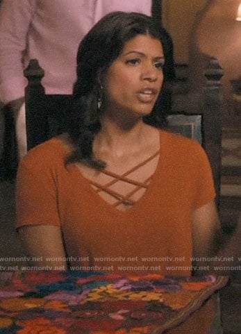 Xiomara's orange strappy front tee on Jane the Virgin